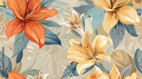 Exotic flowers with ornament on beige background seamless