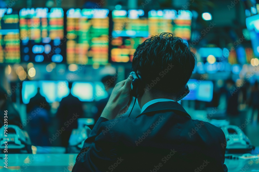 Zoomed-in image of a broker making a phone call with a busy stock exchange floor in the background Zoomed-in image of a broker making a phone call with a busy stock exchange floor in the background