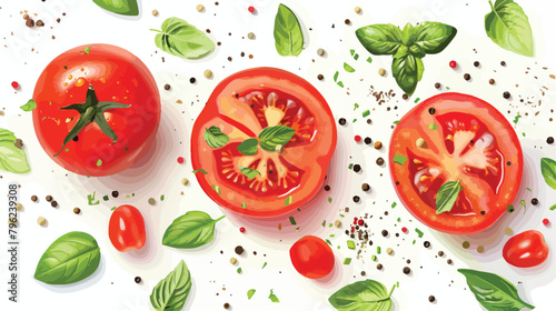 Sliced tomatoes with fresh basil and spices on white