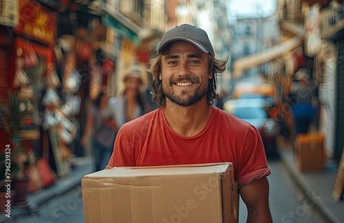 Cheerful young Caucasian delivery man in red t-shirt and cap carries cardboard box © yevgeniya131988