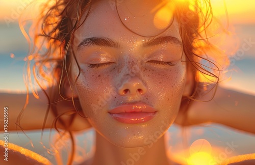 Serene beach sunset, beautiful woman touches her smooth skin, eyes closed in peaceful bliss