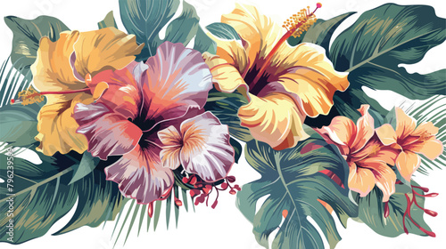 Exotic tropical flowers in pastel colors with ornamen photo