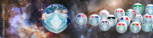 image of the globe on which a medical mask and balls with images of different countries are worn