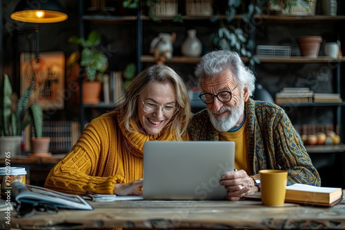 Elderly couple happily browsing laptop, surrounded by books, seated in contemporary office setting