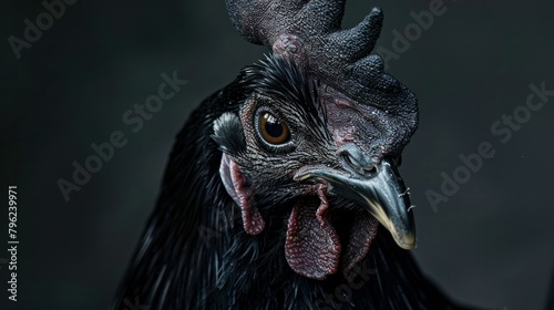  captivating close-up portrait of an Ayam Cemani chicken, its jet-black plumage and obsidian eyes exuding an aura of mystery.   photo