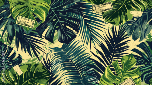Fototapeta Naklejka Na Ścianę i Meble -  Exotic tropical palm leaves with stamps. artwork 
