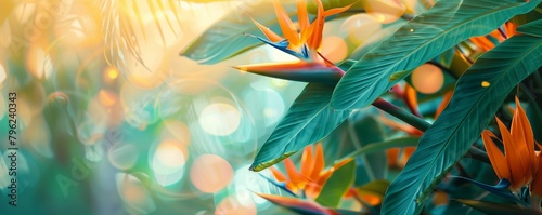 Strecilia on a natural background of leaves and plants. The flower is a bird of paradise. An idea for a poster, a card. A fashionable domesticated plant. A potted plant, a bouquet. Interior decoration #796240343