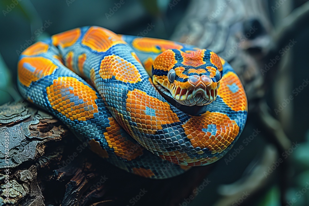 Red-tailed Boa Constrictor: Wrapped around a tree branch with vibrant colors and smooth texture. Red-tailed Boa Constrictor: Wrapped around a tree branch with vibrant colors and smooth texture.
