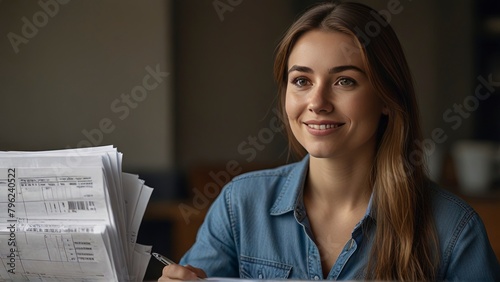 Film producer 25 year old woman with papers in hand looking sideways with confident smile blushing face
 photo