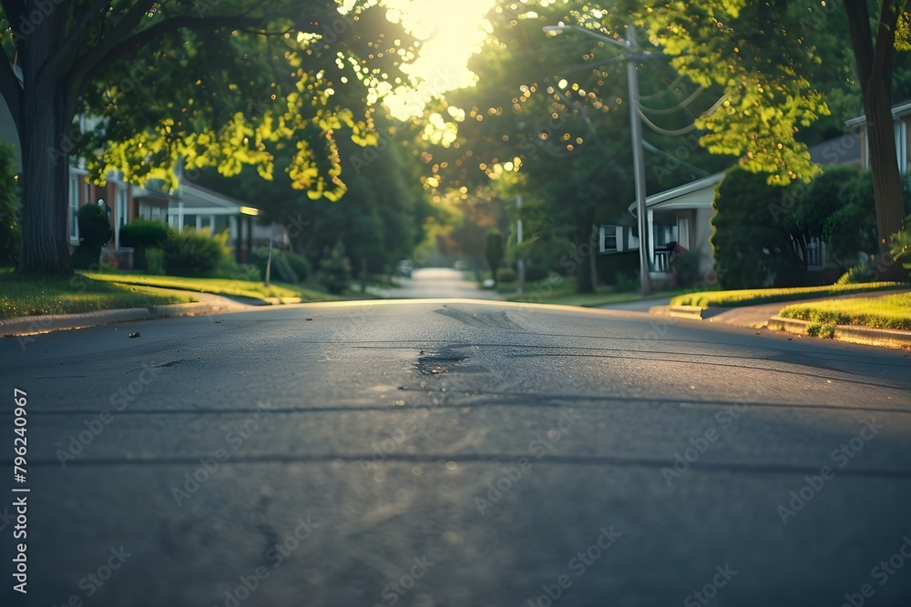 Quiet neighborhood street at dawn for construction company website banner design. Concept Dawn Photoshoot, Construction Company, Website Banner, Quiet Neighborhood Street, Outdoor Setting