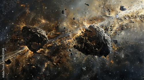  detailed painting of a cosmic collision between two asteroids, their fragments scattering across the starry expanse, 