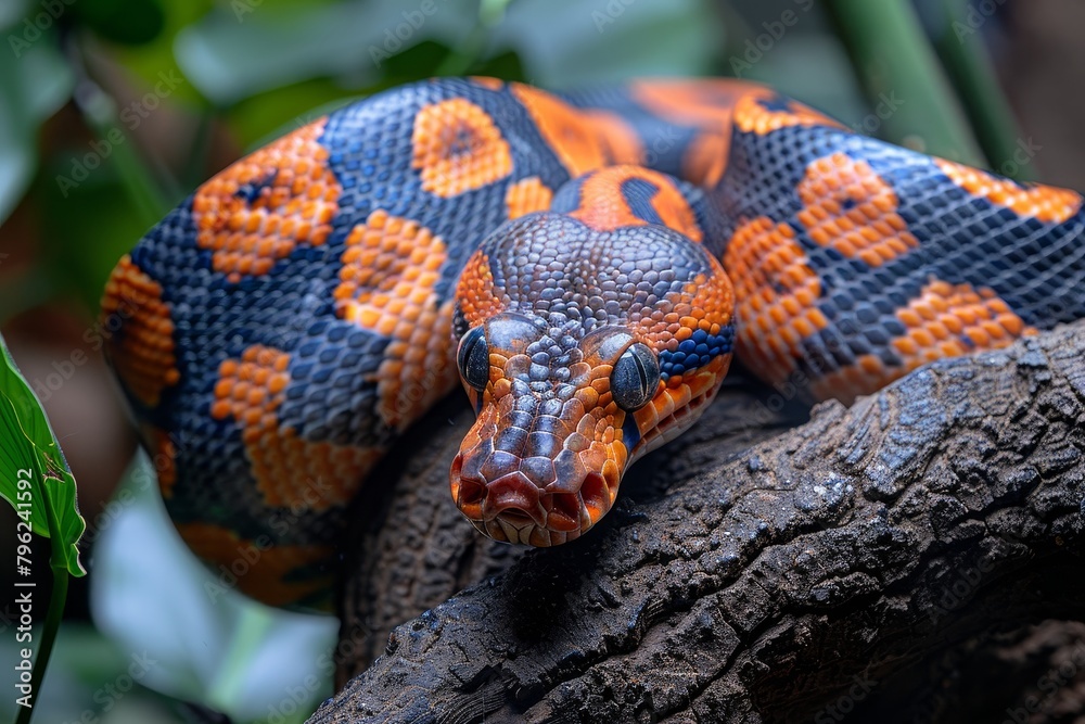 Red-tailed Boa Constrictor: Wrapped around a tree branch with vibrant colors and smooth texture. Red-tailed Boa Constrictor: Wrapped around a tree branch with vibrant colors and smooth texture.