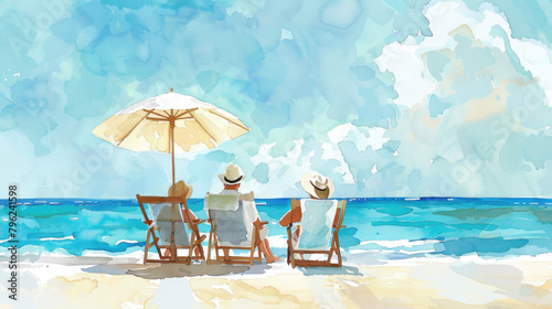 Three individuals sitting in beach chairs under a colorful umbrella on a sandy shore, enjoying the sun and sea breeze © sommersby