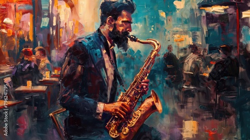 Artistic musician playing saxophone passionately in the evening cafe in pastel oil colors