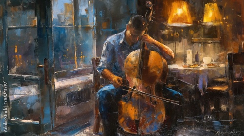 Man playing a cello or double bass in an evening cafe painted with colorful oil strokes AI generated image