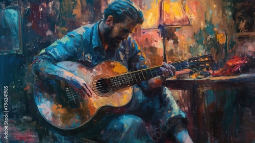 Man playing a guitar in an evening cafe painted with colorful oil strokes AI generated image