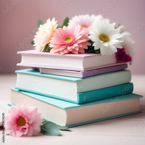 book pile and peony flowers on top isolated on white background, world teacher's day concept, back to school concept