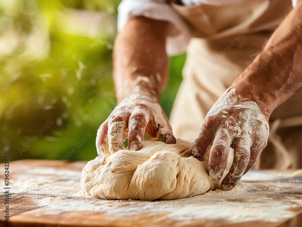 Baker kneading dough on a wooden table, focus on the texture and hands, enhanced with parameters for clarity and detail, bright colors, clean background, Realistic HD characters