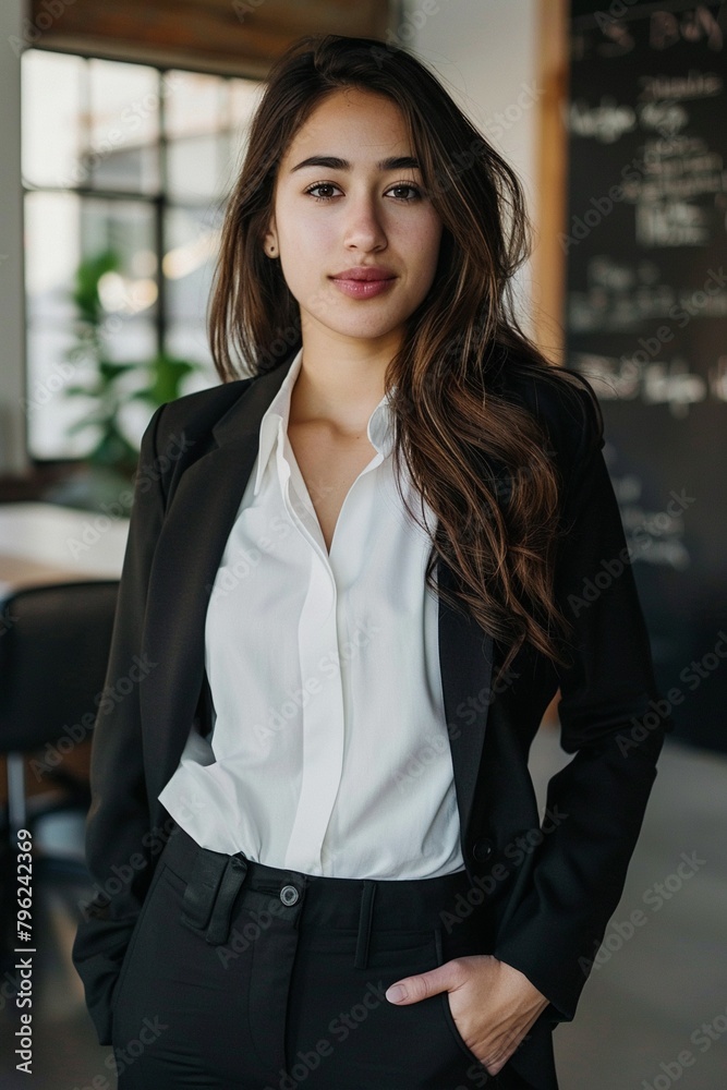 Fototapeta premium A young professional woman stands confidently in an office setting