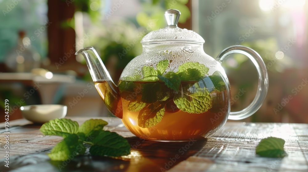 Glass teapot filled with green tea and mint leaves. Suitable for tea shop promotions Glass teapot filled with green tea and mint leaves. Suitable for tea shop promotions