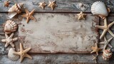 Blank mockup of a rustic beach flag with a distressed wood background and seashell accents ideal for a beach craft fair. .