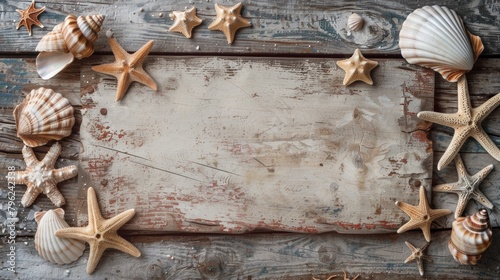 Blank mockup of a rustic beach flag with a distressed wood background and seashell accents ideal for a beach craft fair. .