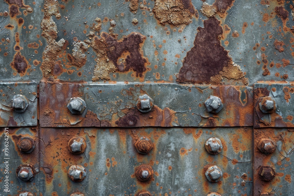 Fototapeta premium A weathered metal surface with industrial details. Suitable for backgrounds or textures