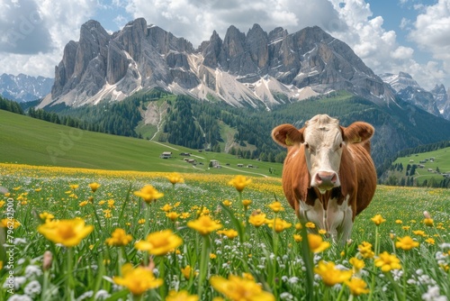 A brown and white cow standing in a field of yellow flowers. Suitable for farm or nature concepts