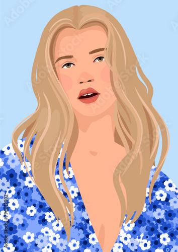 Portrait of a beautiful woman with long hair on blue background . Avatar for social media. Diversity. Bright illustration in flat style. flower dress