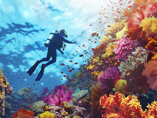 Diver exploring a coral reef, focus on the colorful marine life and flippers in motion, bright colors, clean background, Realistic HD characters