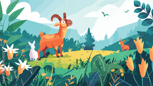 Farm animals with landscape - cute cartoon illustration