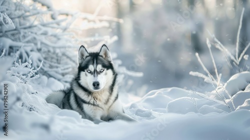   fluffy Siberian Husky sitting majestically in a snow-covered forest  