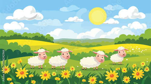 Farm animals with landscape - cute cartoon vector illustration