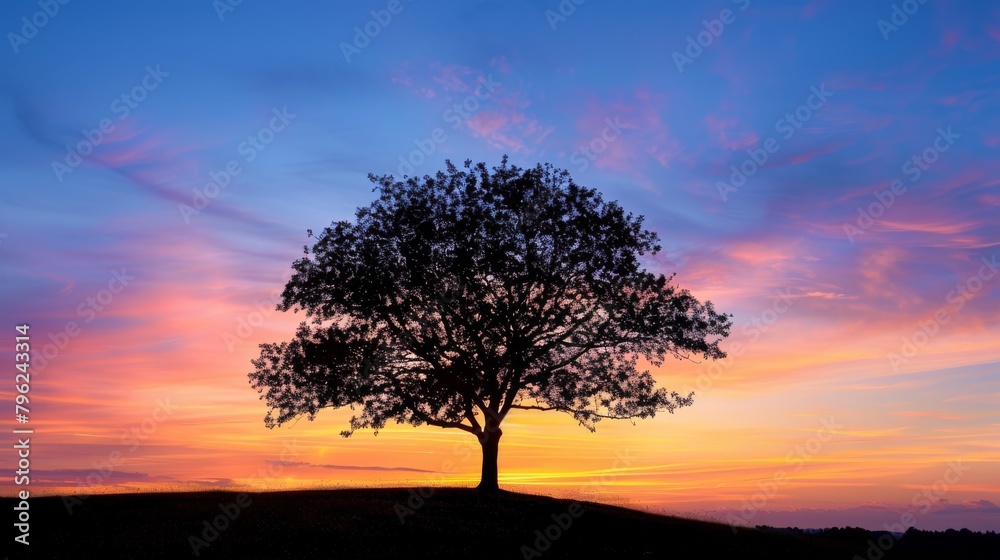 Silhouette of a lone tree at sunset, stark against a vibrant sky Silhouette of a lone tree at sunset, stark against a vibrant sky