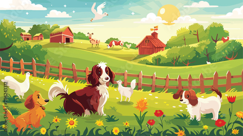 Fototapeta Naklejka Na Ścianę i Meble -  Farm animals with landscape - cute cartoon vector illustration