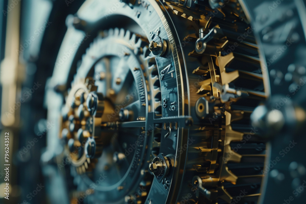 Zoomed-in image of a secure bank vault door, intricate locking mechanism visible Zoomed-in image of a secure bank vault door, intricate locking mechanism visible