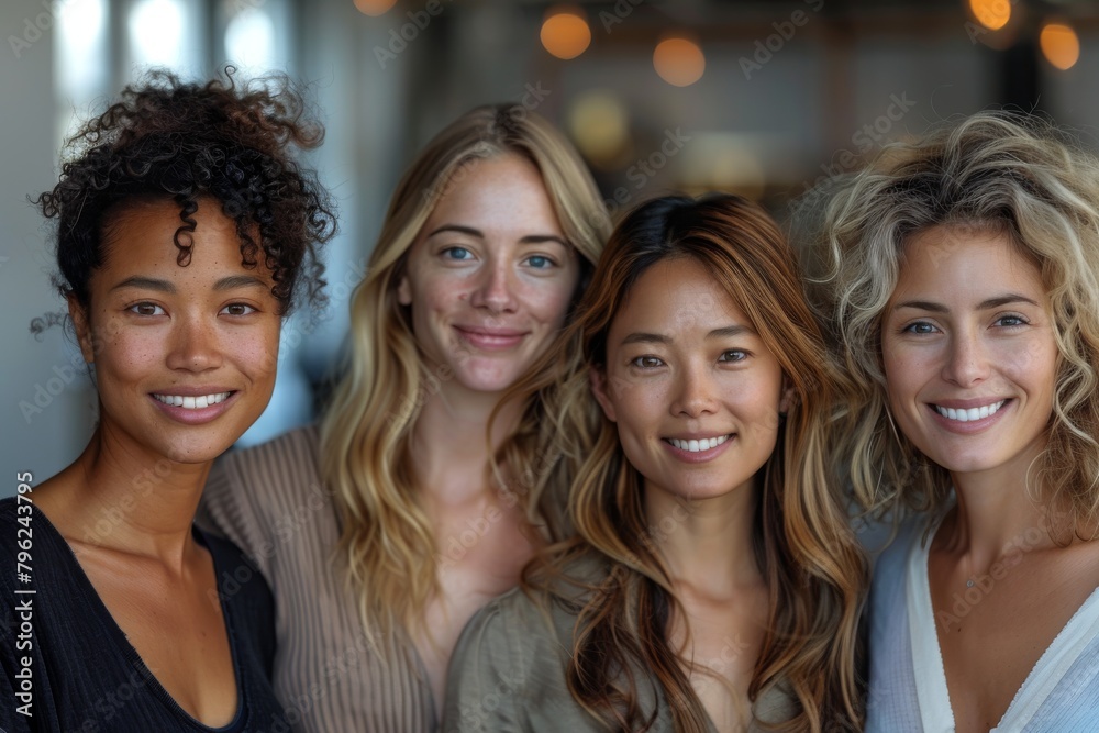 Four diverse women smiling and connecting in a casual setting, demonstrating friendship, diversity, and beauty Four diverse women smiling and connecting in a casual setting, demonstrating friendship, diversity, and beauty