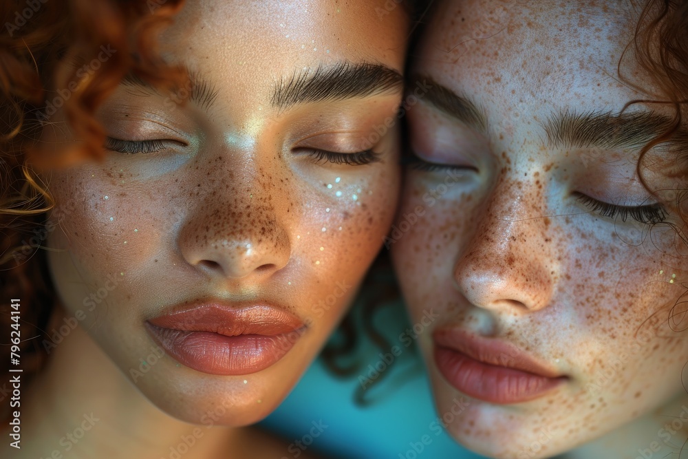 Intimate close-up of two diverse women showcasing their freckles and glitter makeup, representing natural beauty and uniqueness Intimate close-up of two diverse women showcasing their freckles and glitter makeup, representing natural beauty and uniqueness