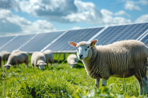Sheep grazing in a solar park with renewable energy and sustainability
