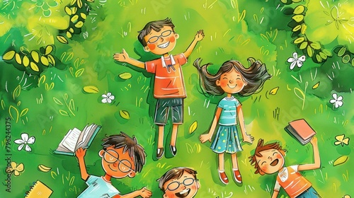 Children are lying on the grass. School template. Autumn, autumn, childhood, friends. Lying on the grass