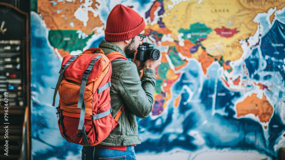 A man wearing a red hat and a green jacket is taking a picture of a map. He is holding a camera and has a backpack on