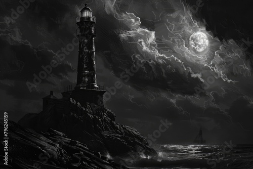A striking black and white image of a lighthouse at night. Suitable for various design projects
