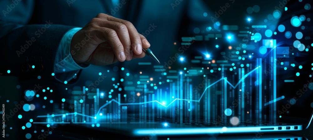 Businessman analyzing financial chart on virtual screen  concept of prosperity and income growth