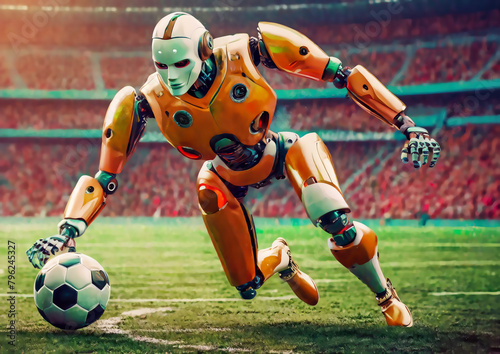 スポーツの概念でスタジアムでサッカーをする人型ロボット