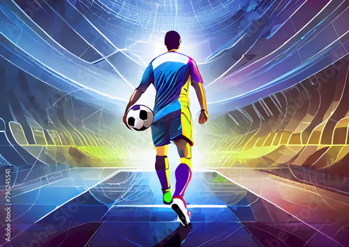 スポーツの概念でスタジアムでサッカーをするサッカー選手