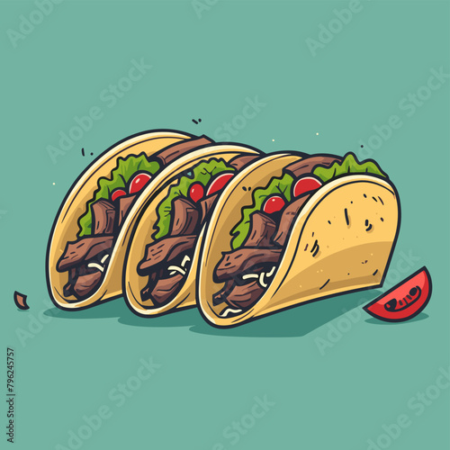 Mexican tacos with beef and vegetables. Vector illustration of tacos. Carne asada tacos street food