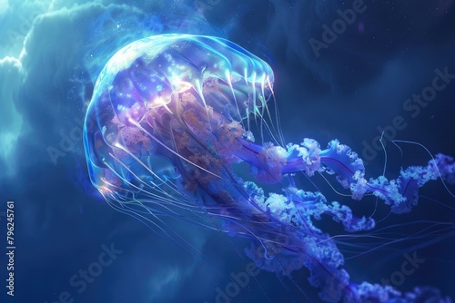 A jellyfish floating in the water with clouds in the background. Suitable for marine life concepts © Ева Поликарпова