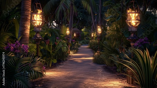 Glowing torches lighting a pathway through a tropical garden, casting a warm and welcoming light for evening strolls in paradise.