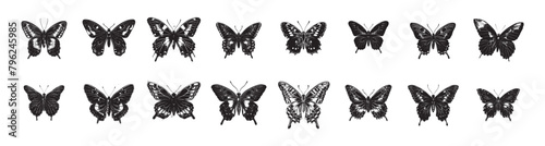 Butterfly tattoo art stickers. Black sketches. Vector hand drawn illustration, butterfly silhoette in trendy retro 2000s style. Y2k aesthetic. Butterfly Silhouettes Vector Illustration set © SappiStudio