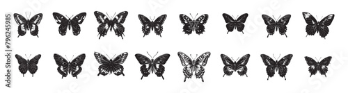 Butterfly tattoo art stickers. Black sketches. Vector hand drawn illustration, butterfly silhoette in trendy retro 2000s style. Y2k aesthetic. Butterfly Silhouettes Vector Illustration set